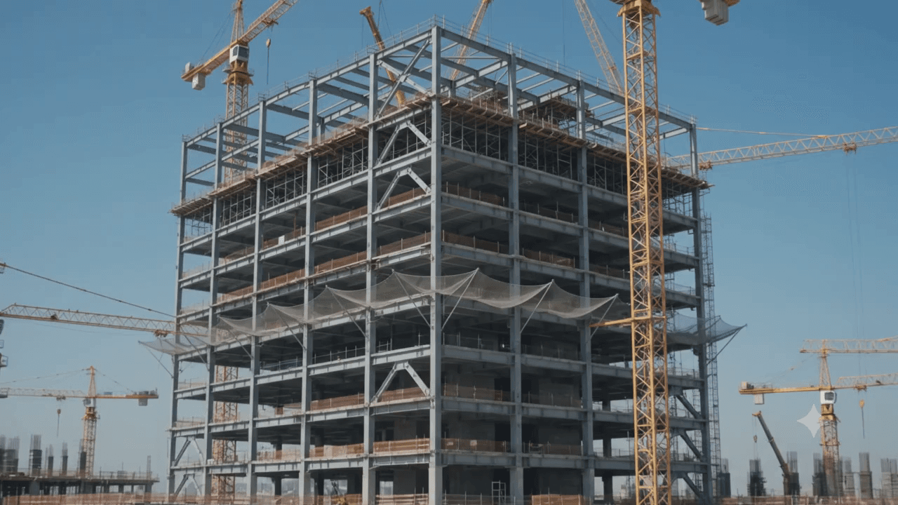 Steel-frame building under construction, surrounded by tower cranes against a clear sky