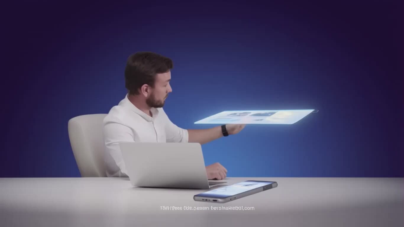 A person working at a laptop, with a dashboard shown on a floating screen beside them