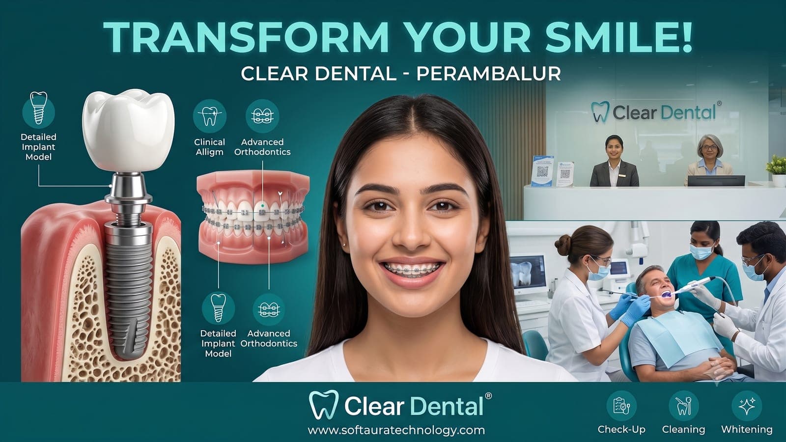A Clear Dental Care promotional graphic showing the clinic's branding, a patient with orthodontic braces, dental implant and braces diagrams, and the reception and treatment rooms